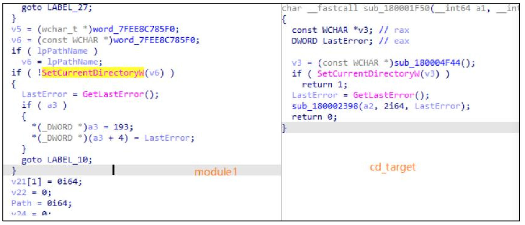 图 module1(左)与Cd_Target.dll(右)代码同源性对比