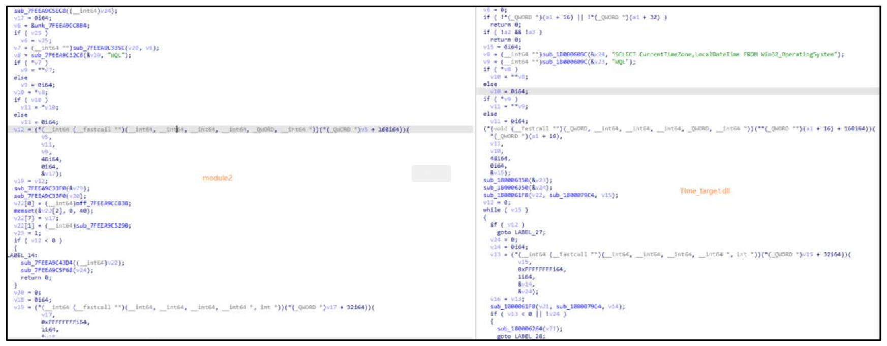 图 module2(左)与Time_Target.dll(右)代码同源性对比