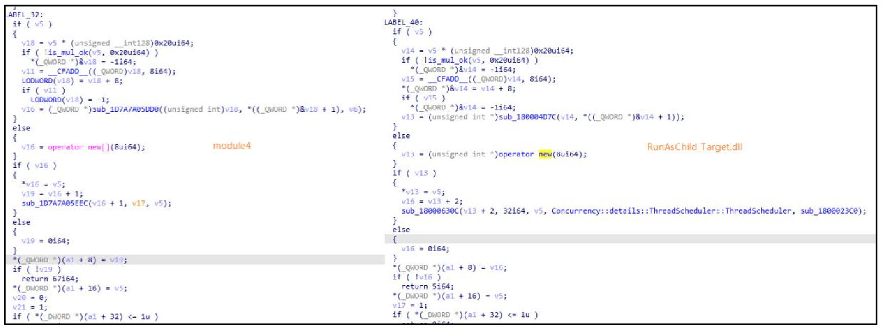 图 module4(左)与RunAsChild_Target.dll(右)代码同源性对比