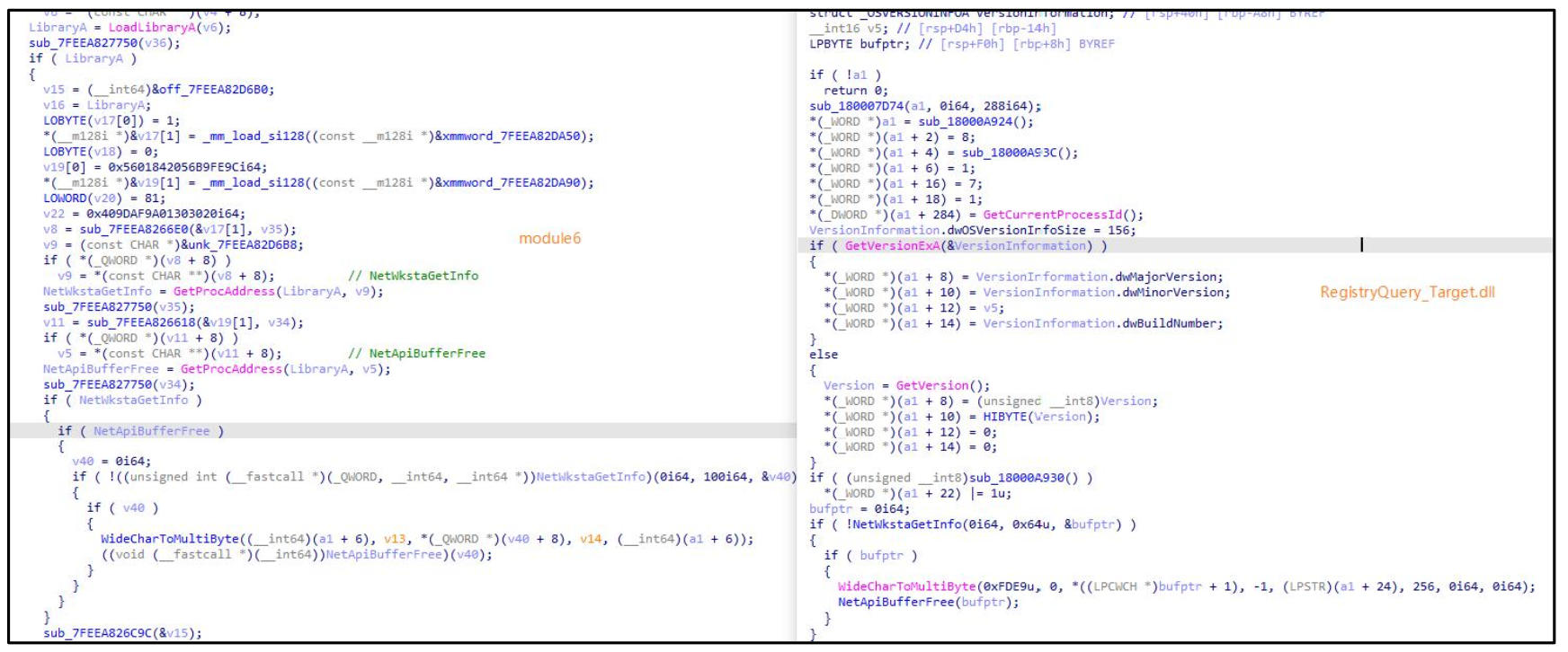 图 module6(左)与RegistryQuery_Target.dll(右)代码同源性对比