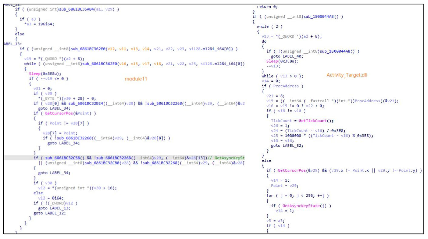 图 module11(左)与Activity_Target.dll(右)代码同源性对比