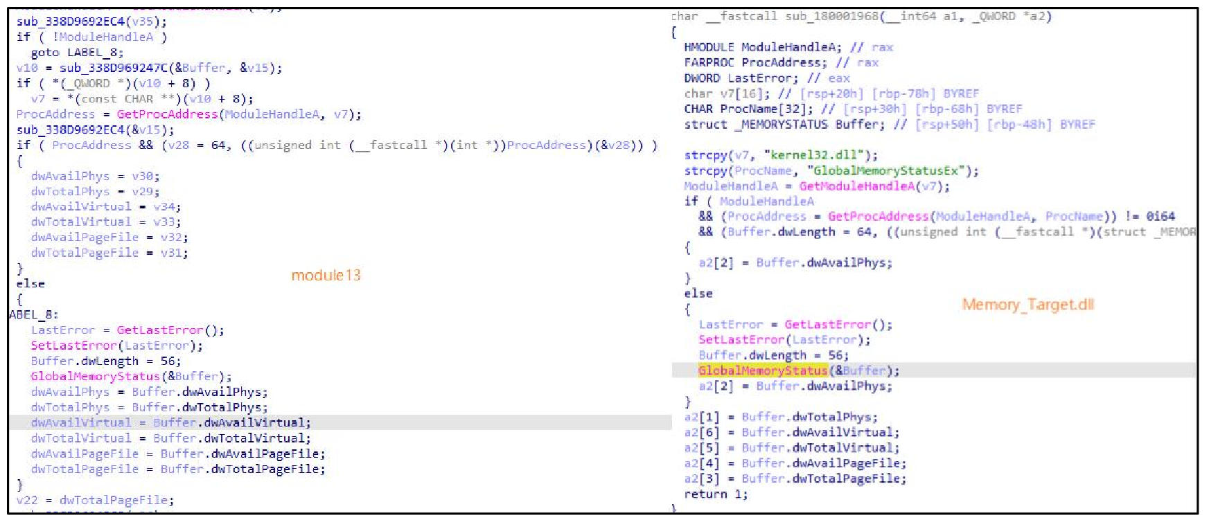 图 module13(左)与Memory_Target.dll(右)代码同源性对比
