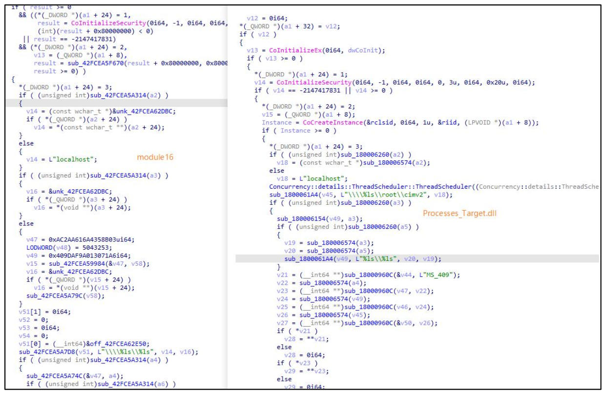 图 module16(左)与Processes_Target.dll(右)代码同源性对比
