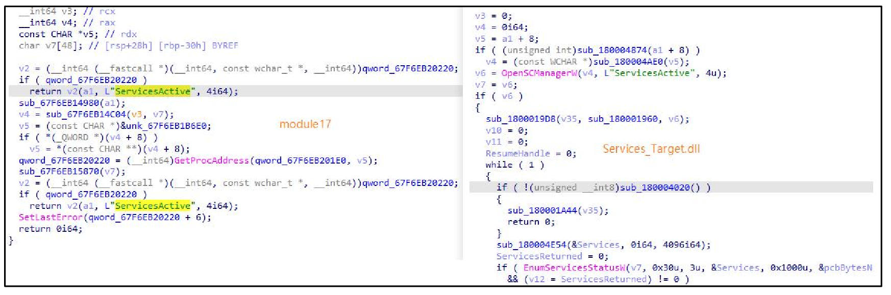 图 module17(左)与Services_Target.dll(右)代码同源性对比