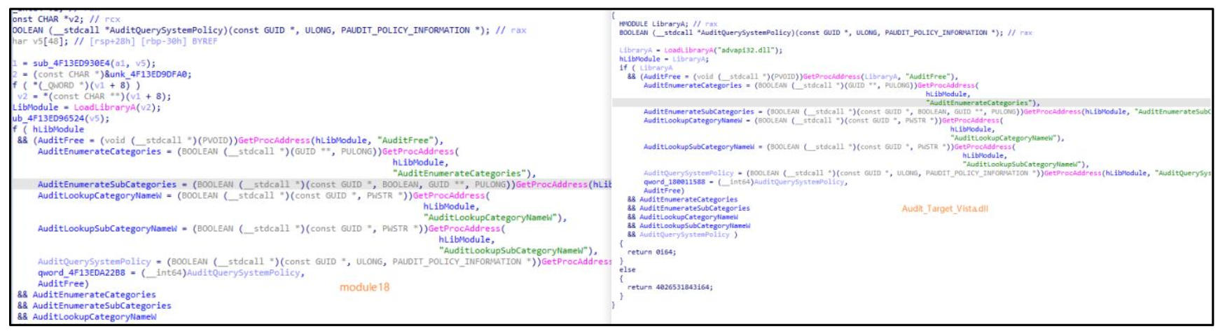 图 module18(左)与Audit_Target_Vista.dll(右)代码同源性对比