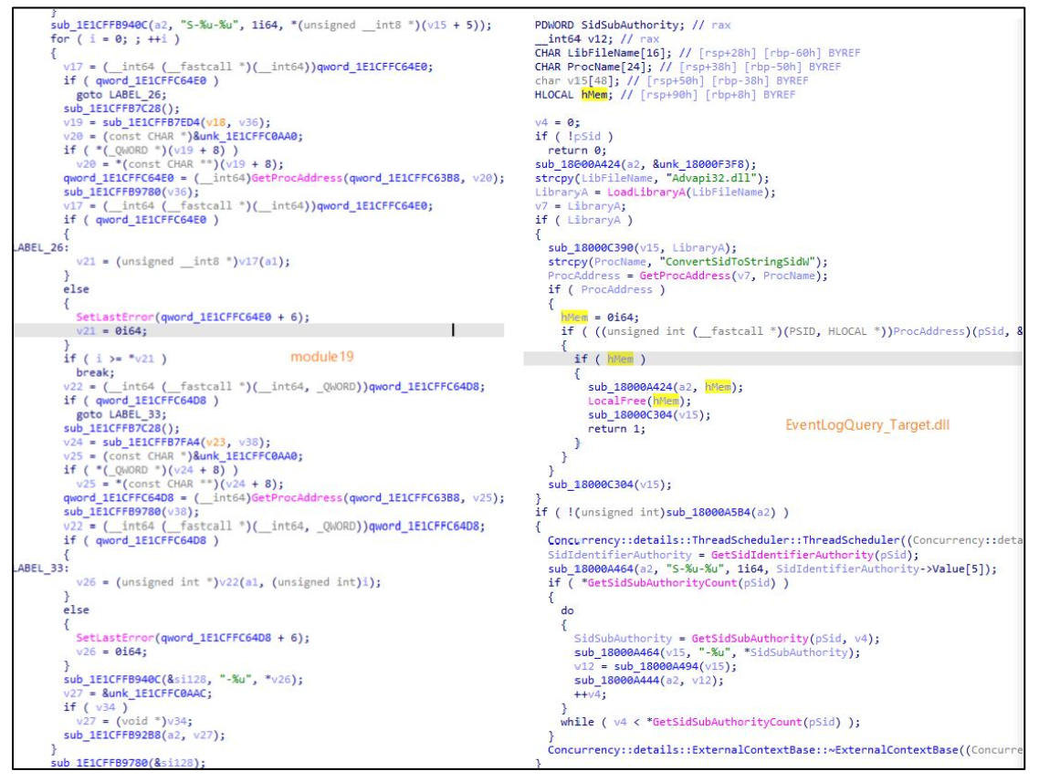 图 module19(左)与EventLogQuery_Target.dll(右)代码同源性对比