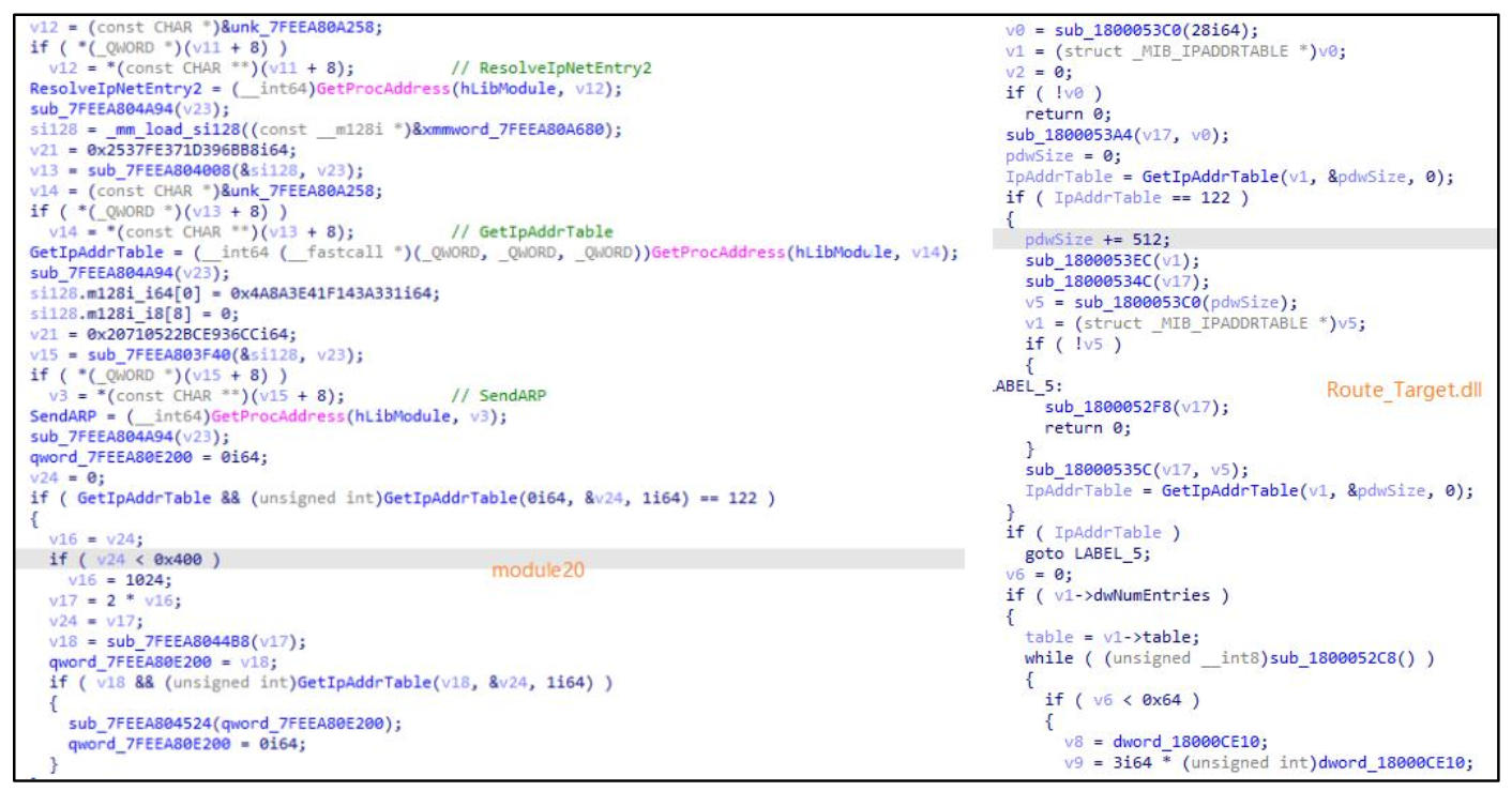 图 module20(左)与Route_Target.dll(右)代码同源性对比