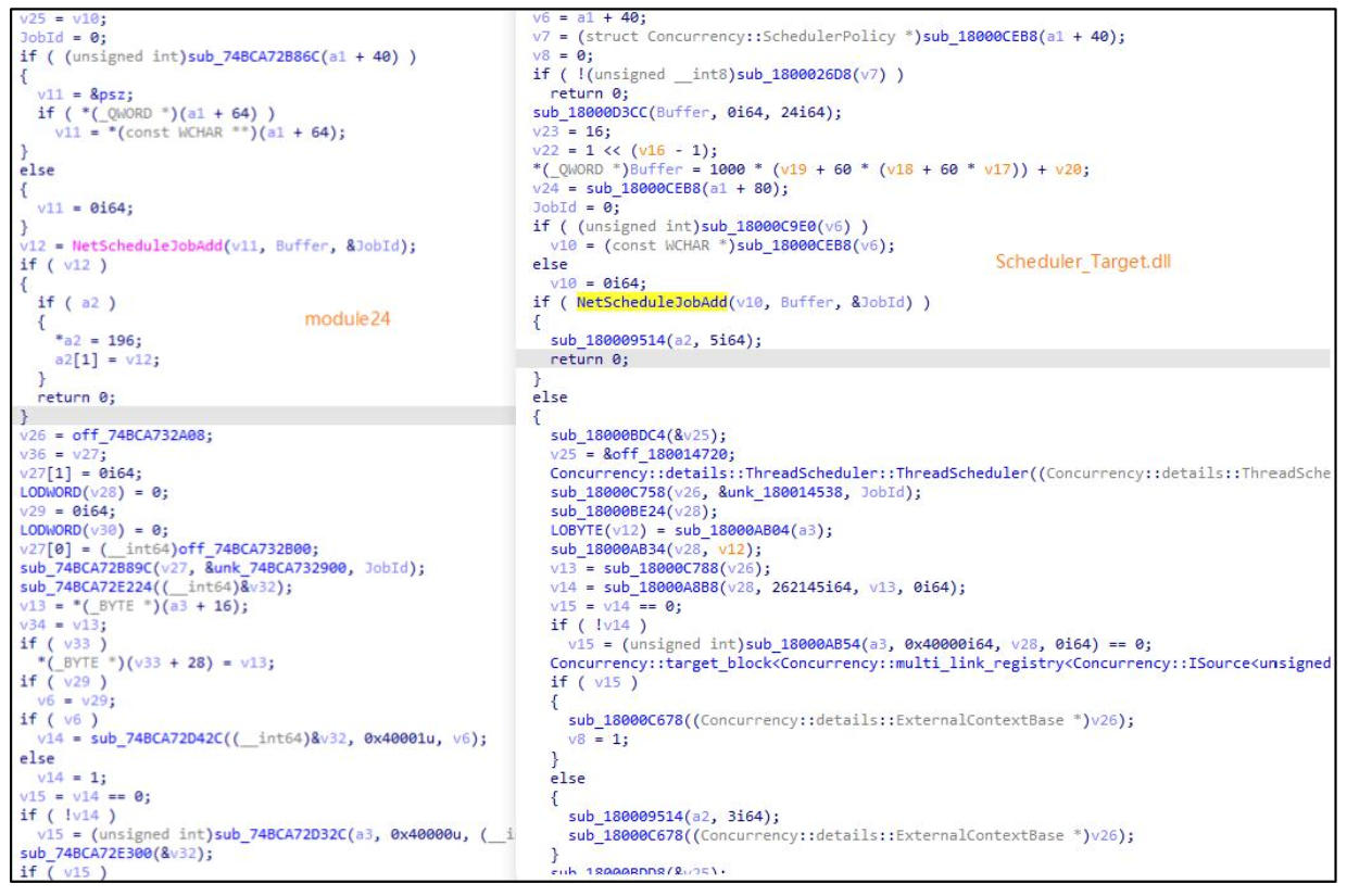 图 module24(左)与Scheduler_Target.dll(右)代码同源性对比